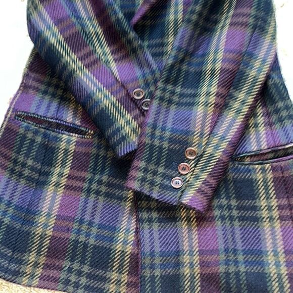 Vintage 90s KL by Karl Lagerfeld Plaid Double Breasted Blazer Wool Purple and Gr - Picture 16 of 16
